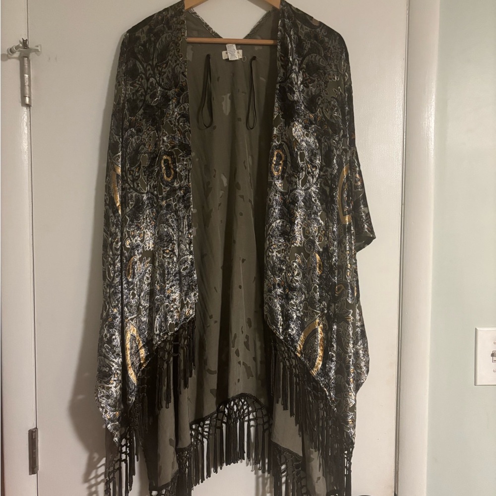 World Market Burnout Velvet olive green Floral Kimono Shawl